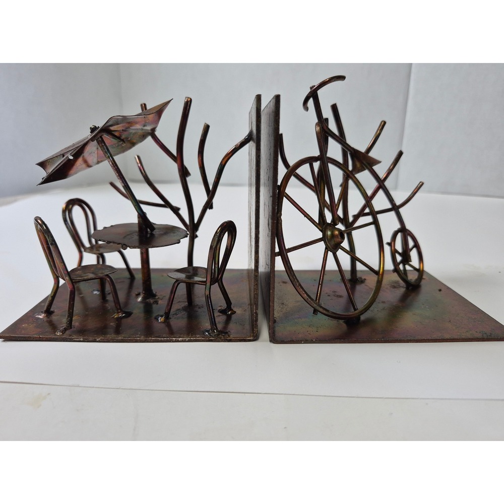 Vintage Brutalist Metal Art Bookends Price Import Bike Park Scene Torch Cut MCM